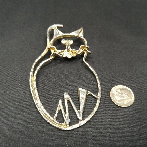Vintage Original Cat Outline Brooch, 3 1/2 Inches, Distressed Plated Pin - Picture 6 of 10